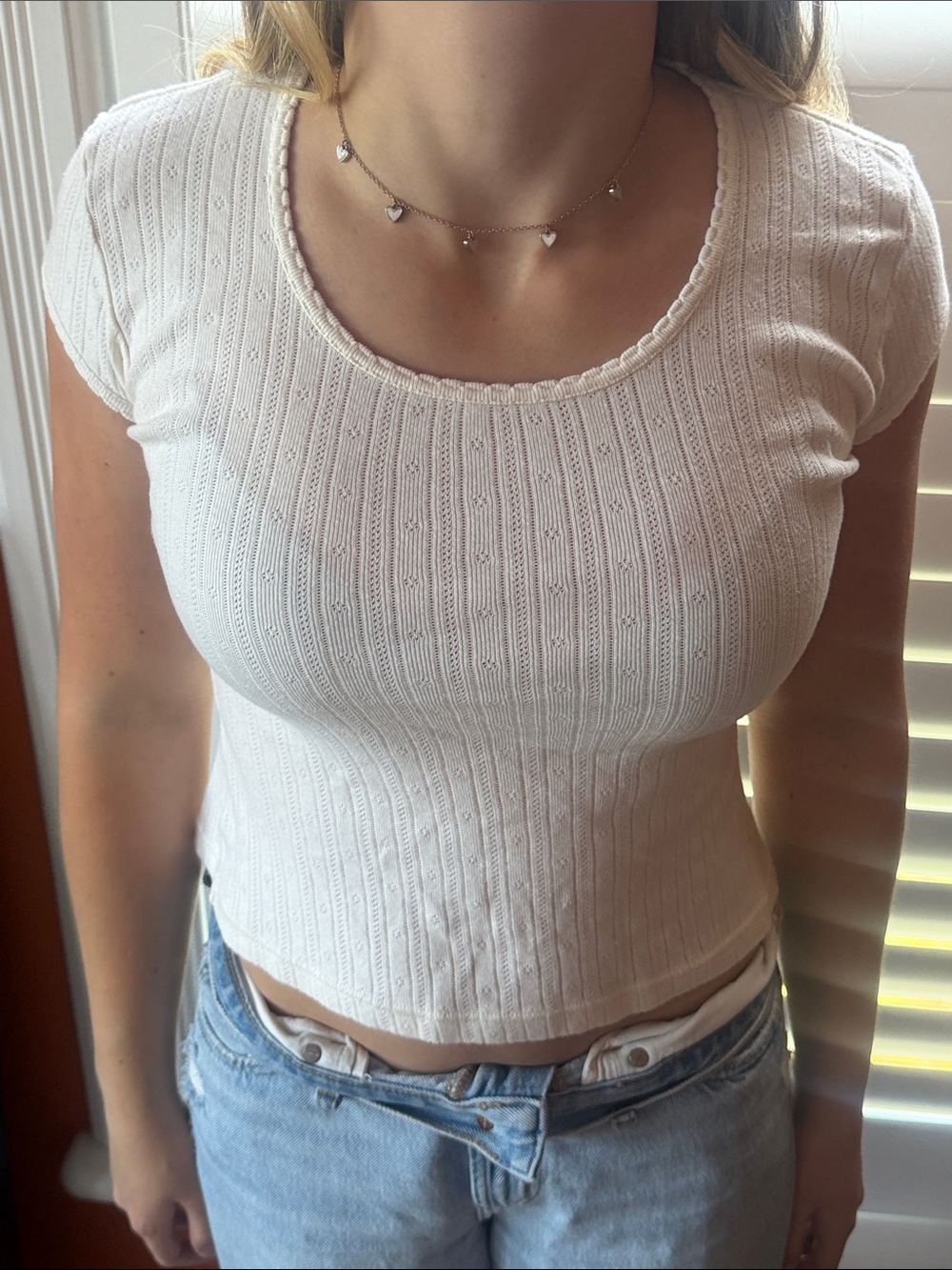 Brandy Melville Cream Pointelle Baby Tee